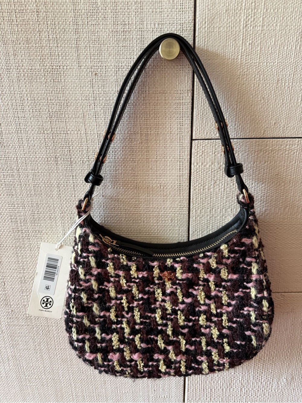 Tory Burch Black, Pink & Cream Tweed Shoulder Bag
